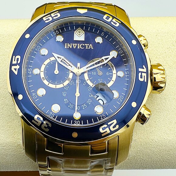 NEW Invicta Mens PRO DIVER SCUBA Chronograph Blue Dial 18Kt Gold Plated Watch - Picture 4 of 10
